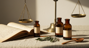 Vintage apothecary: aptekarskie szklane butelki, waga mosiężna, otwarta księga naukowa, sage.