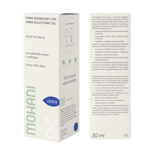 Wygładzające serum z kwasem migdałowym 10%  i kwasem salicylowym 2% Mohani