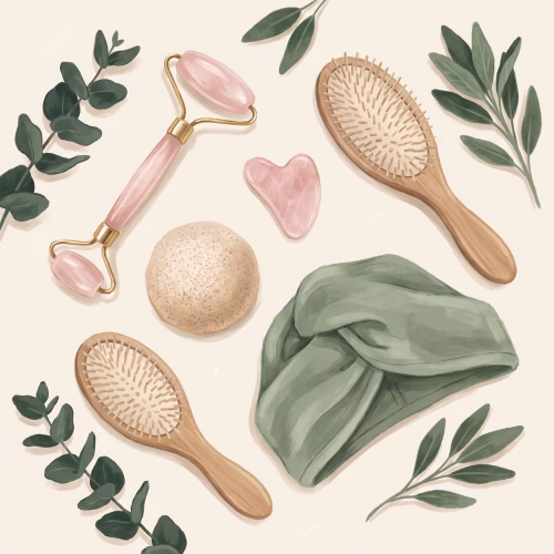 Naturalne akcesoria do pielęgnacji — roller różowy kwarc, gua sha, gąbka konjac, szczotka, lniany turban