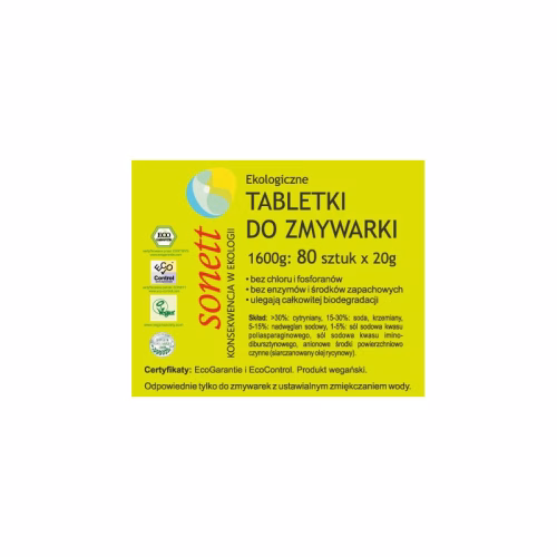 Ekologiczne, wegańskie tabletki do zmywarki SONETT, 80 szt. Tabletki do zmywarki Sonett ekologiczne wegańskie 80 szt.