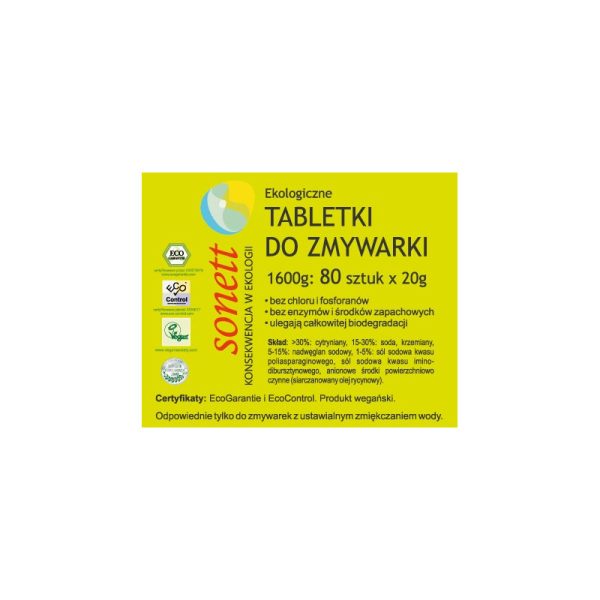 Ekologiczne, wegańskie tabletki do zmywarki SONETT, 80 szt. Ekologiczne, wegańskie tabletki do zmywarki SONETT, 80 szt.