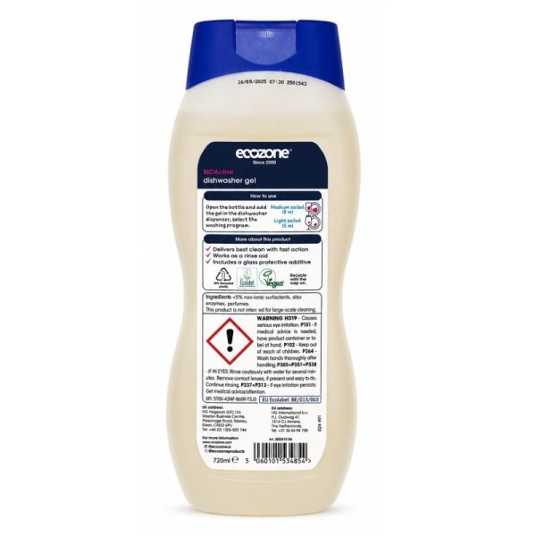 Żel do zmywarek BIOActive, z nabłyszczaczem i ochroną szkła, wegański, Allergy UK, 720ml, Ecozone (zdjęcie 2) Żel do zmywarek BIOActive, z nabłyszczaczem i ochroną szkła, wegański, Allergy UK, 720ml, Ecozone