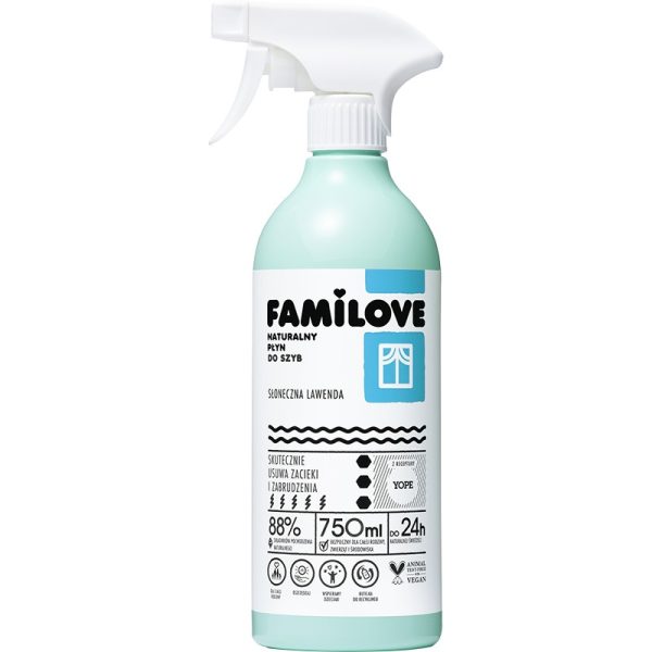 Naturalny płyn do szyb Familove, słonaczna lawenda, skutecznie usuwa zacieki i zabrudzenia, 750ml, Yope