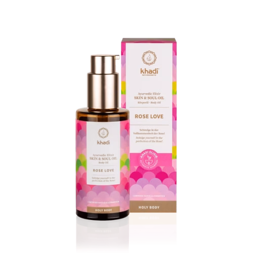 Odżywczy olejek Khadi Skin & Soul – Rose Love Odżywczy olejek Khadi Skin & Soul Rose Love z ekstraktem róży i olejem ryżowym do ciała