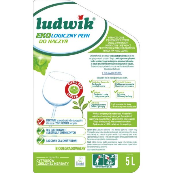 Płyn do naczyń o zapachu cytrusów i zielonej herbaty, 5 l, Ludwik Ekologiczny