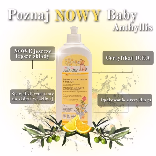 NOWY Eko płyn do mycia smoczków, naczyń i butelek dziecięcych z surfaktantem z oliwy z oliwek, 500 ml, Baby Anthyllis Płyn do mycia naczyń Baby Anthyllis z surfaktantem z oliwy z oliwek 500ml