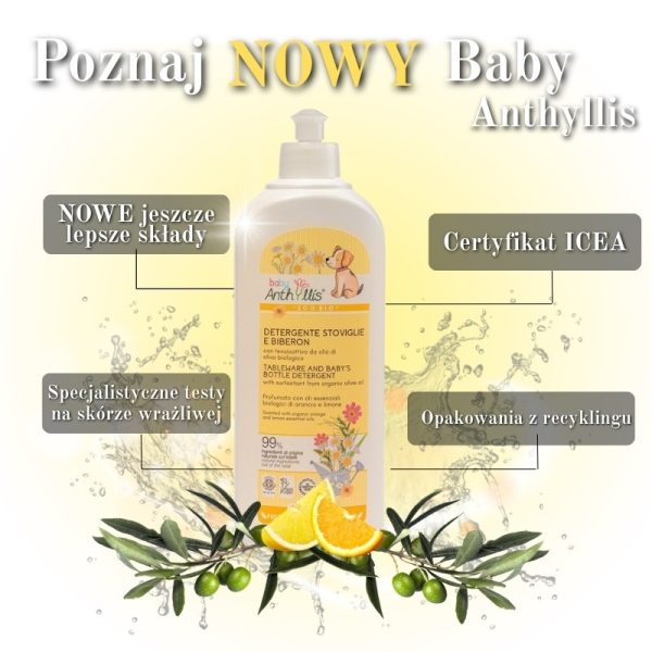 NOWY Eko płyn do mycia smoczków, naczyń i butelek dziecięcych z surfaktantem z oliwy z oliwek, 500 ml, Baby Anthyllis