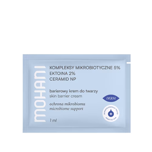 Saszetka-Regenerujący krem barierowy z ektoiną 2%, kompleksem mikrobiotycznym 5% i ceramidem NP 1ml Krem barierowy Mohani z ektoiną i ceramidem do skóry suchej 1ml saszetka