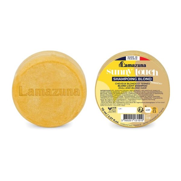 Szampon do włosów blond, rozjaśnianych i z pasemkami, z rumiankiem i cynamonem, DOTYK SŁOŃCA, 70 ml, Lamazuna