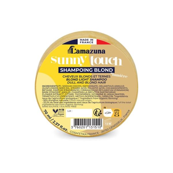 Szampon do włosów blond, rozjaśnianych i z pasemkami, z rumiankiem i cynamonem, DOTYK SŁOŃCA, 70 ml, Lamazuna