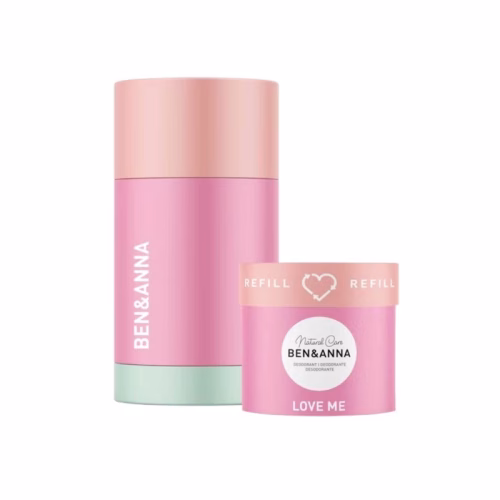 Zestaw REFILL: Naturalny dezodorant na bazie sody LOVE ME 40 g + pojemnik wielokrotnego uzupełniania, BEN&ANNA Naturalny dezodorant na bazie sody Ben&Anna Love Me 40g zestaw refill z pojemnikiem