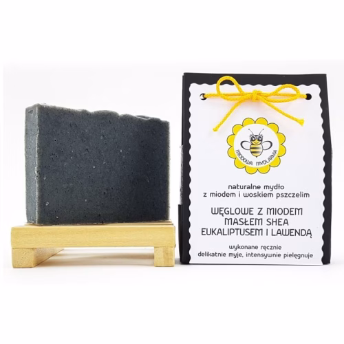 Mydło naturalne węglowe z miodem, masłem shea, eukaliptusem i lawendą, 100 g, Miodowa Mydlarnia Mydło naturalne węglowe z miodem, masłem shea, eukaliptusem i lawendą, 100 g, Miodowa Mydlarnia
