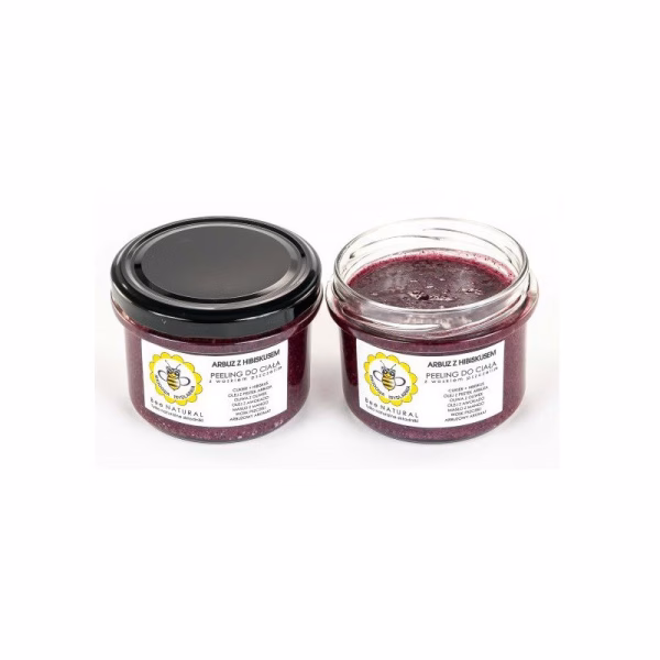 Peeling do ciała z woskiem pszczelim, Oczyszczająco-nawilżający, Arbuz z Hibiskusem, 200 g, Miodowa Mydlarnia