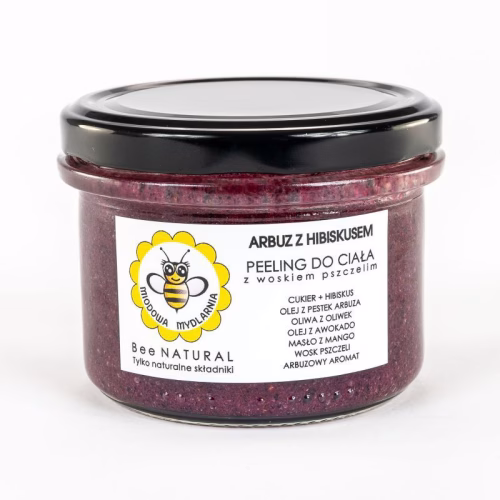 Peeling do ciała z woskiem pszczelim, Oczyszczająco-nawilżający, Arbuz z Hibiskusem, 200 g, Miodowa Mydlarnia