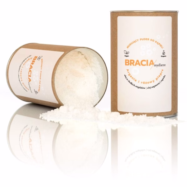 Perfumowany, musujący puder do kąpieli, Argania i różowy pieprz, nawilżająca i odżywcza kąpiel, 300g, Bracia Mydlarze