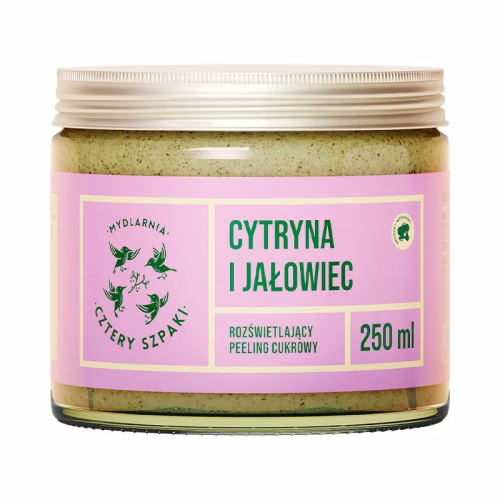 Rozświetlający peeling cukrowy, Cytryna i Jałowiec, wegański, 250ml, Cztery Szpaki