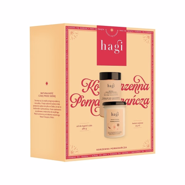 ZESTAW KORZENNA POMARAŃCZA: świeca sojowa 215 ml + sól do kąpieli 480 g, Hagi