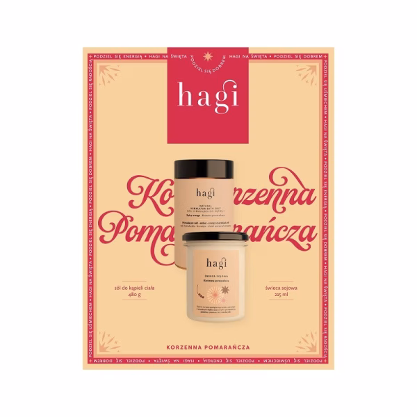 ZESTAW KORZENNA POMARAŃCZA: świeca sojowa 215 ml + sól do kąpieli 480 g, Hagi