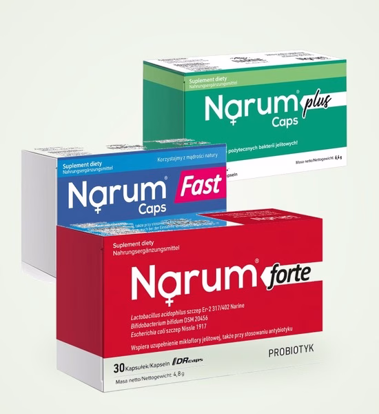 Opakowania probiotyków Narum Forte, Narum Plus i Narum Fast Caps